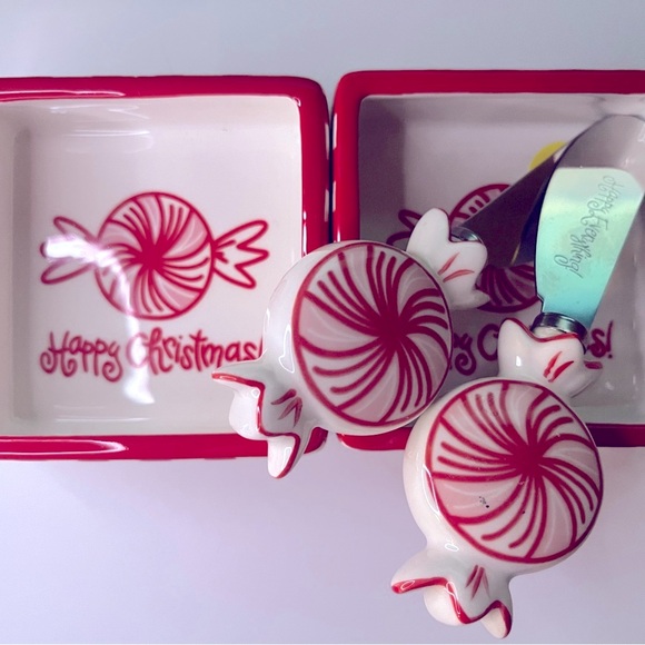 2 Happy Christmas Peppermint Square Trinket Bowls + Spreaders - Picture 4 of 6